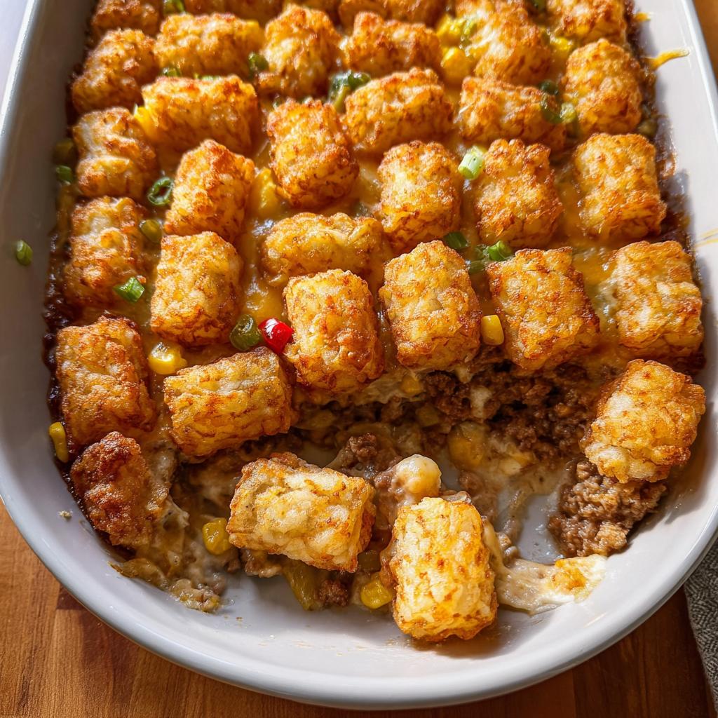 A close-up of a baked Cheesy Tater Tot Beef Casserole in a white dish, showing crispy tots over ground beef and melted cheese.