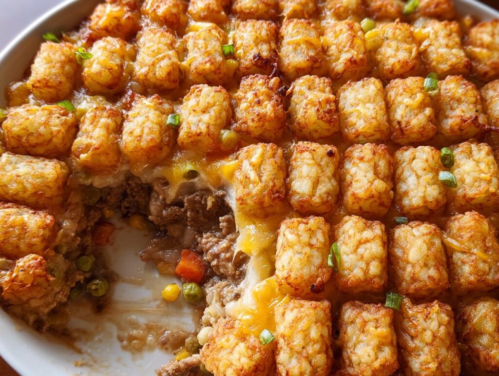 Close-up of a baked Cheesy Tater Tot Beef Casserole with a scoop removed, showing crispy tater tots and cheesy beef filling.