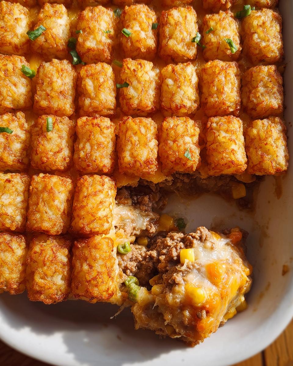 Close-up of a Cheesy Tater Tot Beef Casserole with a scoop removed, showing golden tater tots and cheesy beef filling.