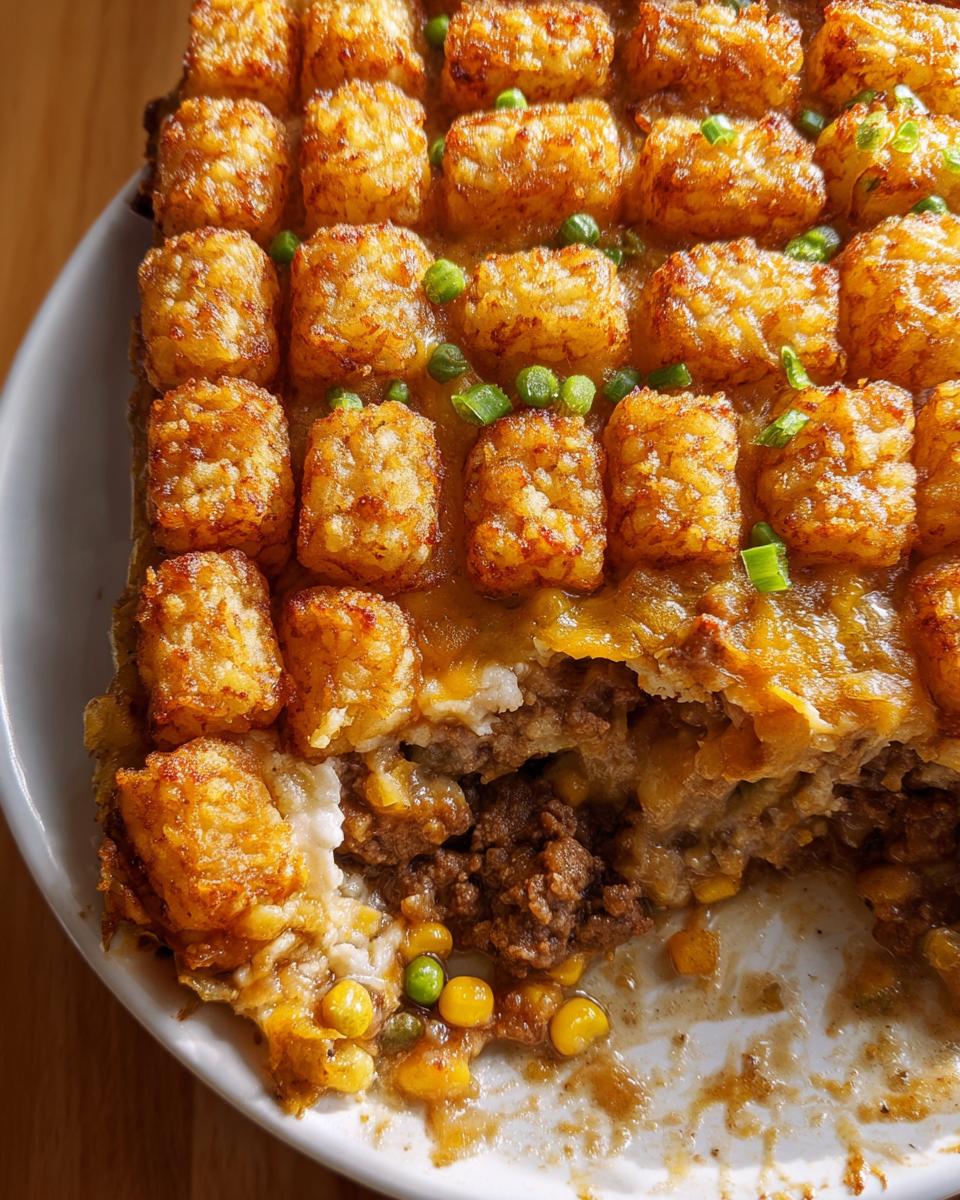 Close-up of a slice removed from a Cheesy Tater Tot Beef Casserole, showing crispy tater tots and melted cheese over ground beef and vegetables.