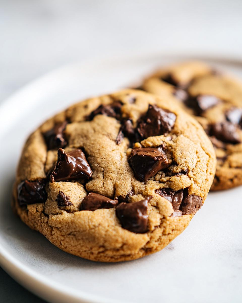 A close-up of a freshly baked, chewy Peanut Butter Chocolate Chip Cookie loaded with melted chocolate chunks on a white plate.