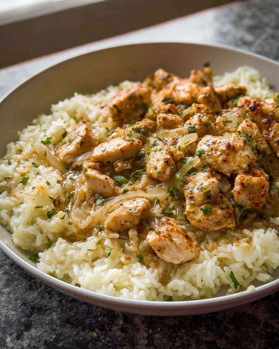 Close-up of seasoned chicken pieces and sautéed onions served over white rice in a bowl.