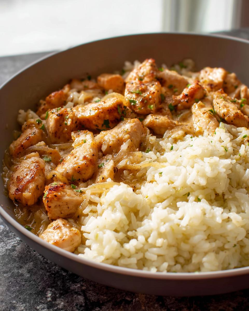 Close-up of seasoned chicken pieces in a creamy sauce served over white rice, inspired by Sheet Pan Chicken Fajitas.