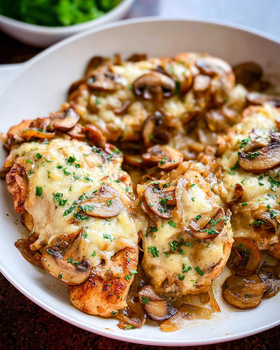 Close-up of chicken breasts topped with melted cheese, sautéed mushrooms, and parsley, similar to Texas Roadhouse Butter Chicken Skillet.