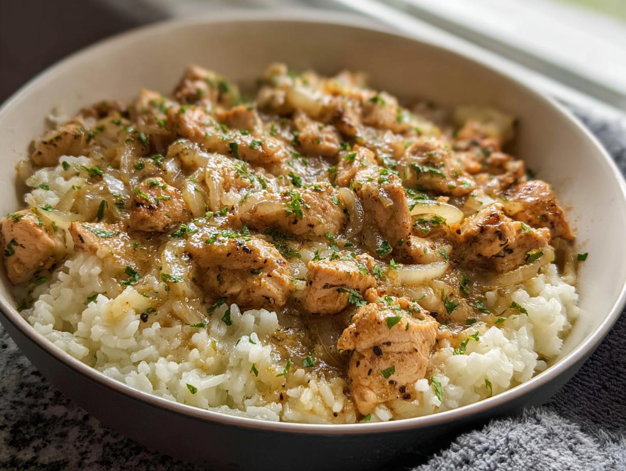 Close-up of seasoned chicken pieces and sautéed onions served over white rice in a bowl.