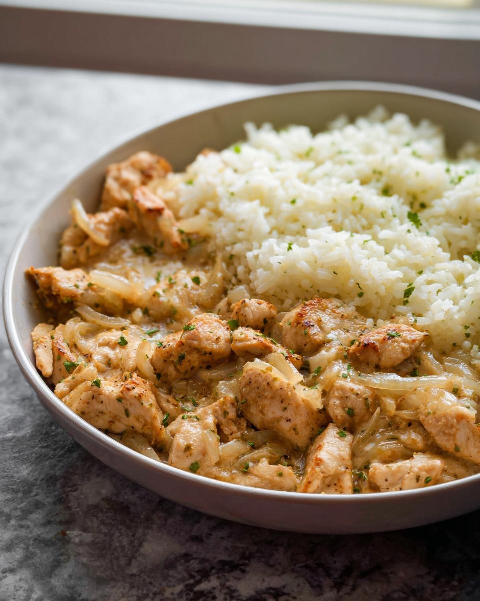 Close-up of seasoned chicken pieces and onions served next to white rice, inspired by Sheet Pan Chicken Fajitas.