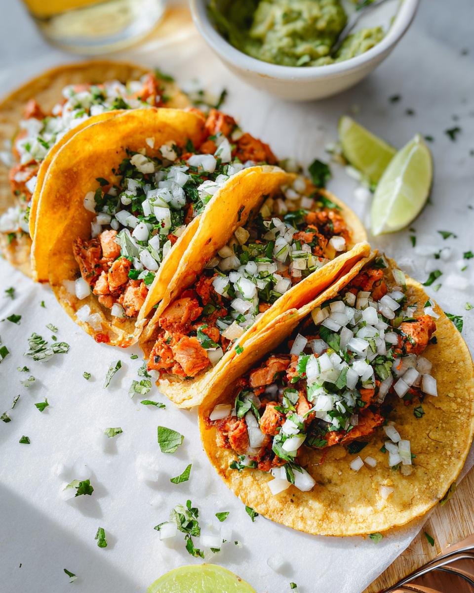Three freshly made Chicken Street Tacos filled with seasoned chicken, diced white onion, and cilantro.