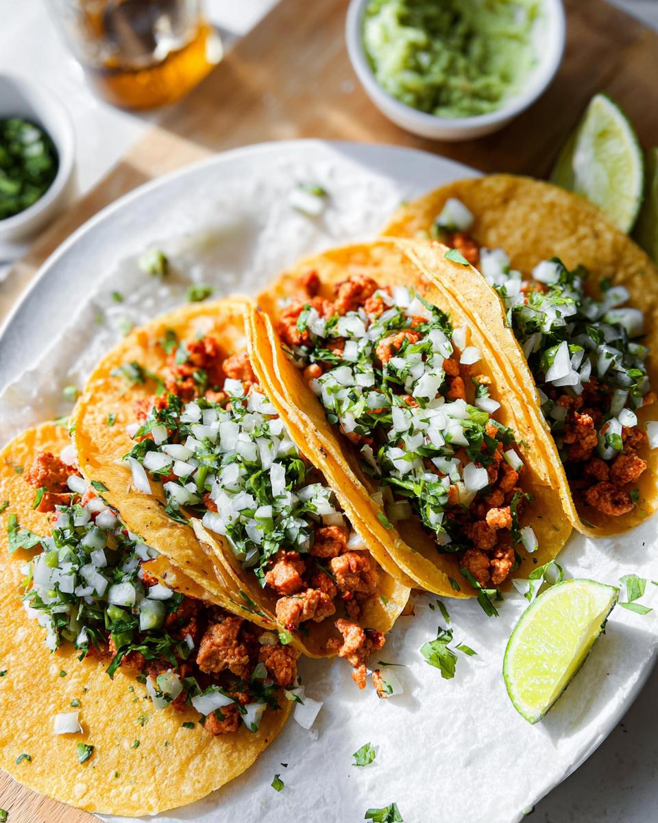A close-up of four authentic Chicken Street Tacos filled with seasoned meat, topped with diced onion and cilantro.