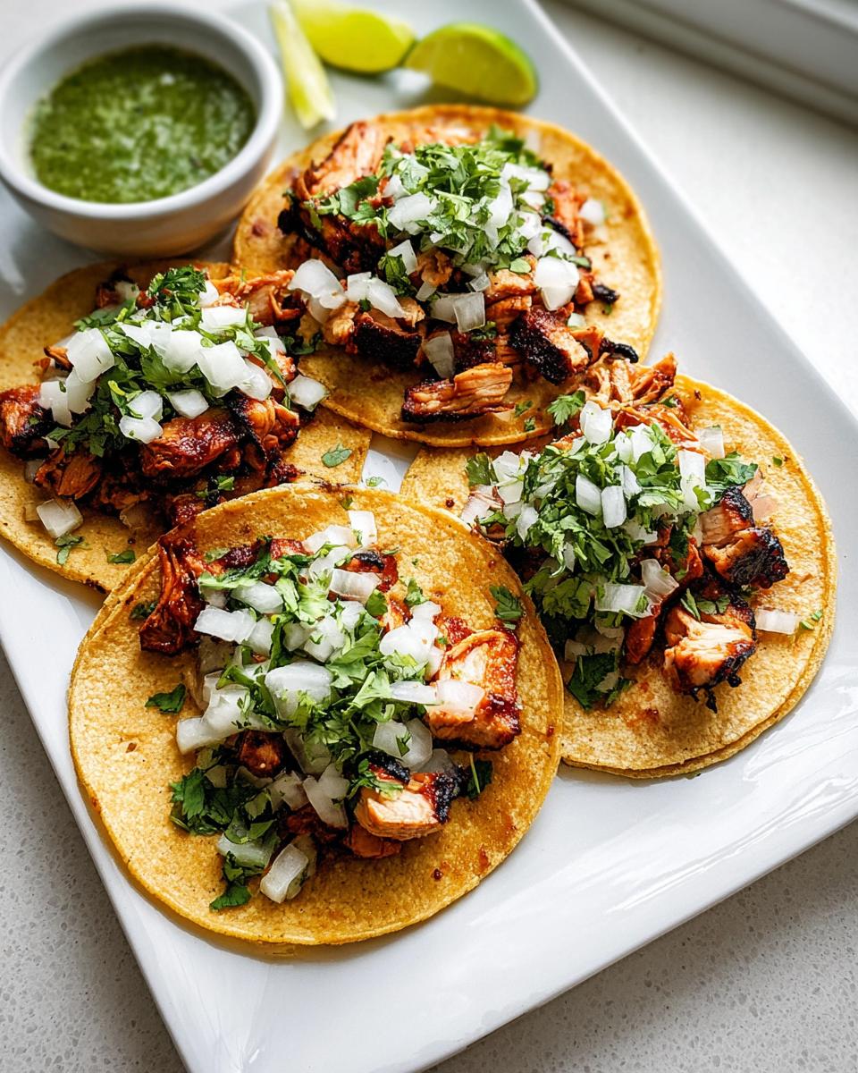 Four delicious Chicken Street Tacos topped with diced white onion and cilantro, served with salsa verde.