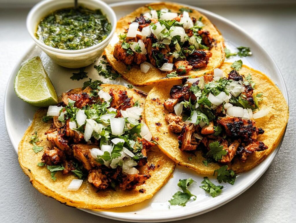 Three perfectly assembled Chicken Street Tacos topped with cilantro, onion, and served with salsa verde and lime.