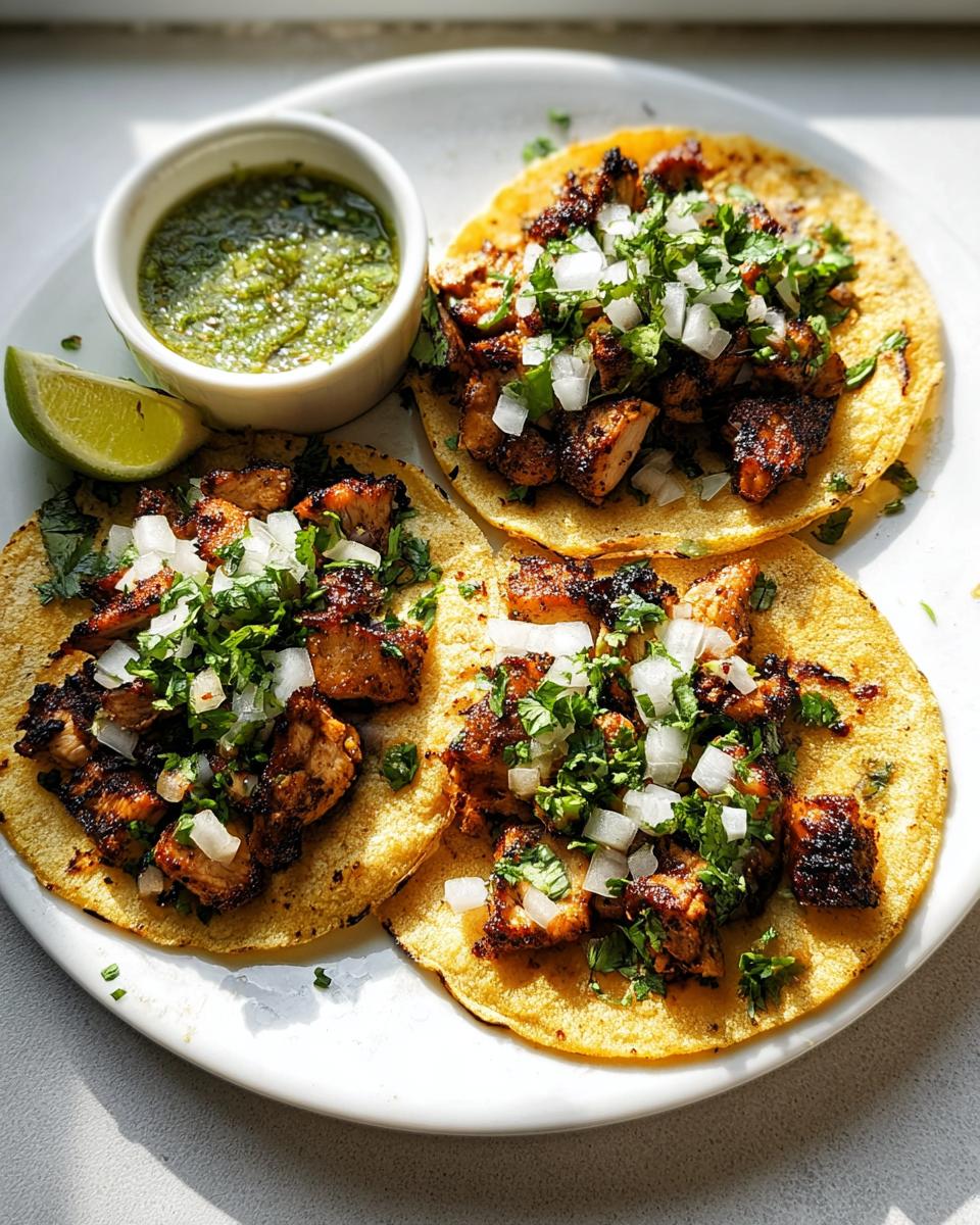 Three delicious Chicken Street Tacos topped with diced white onion and cilantro, served with salsa verde and a lime wedge.