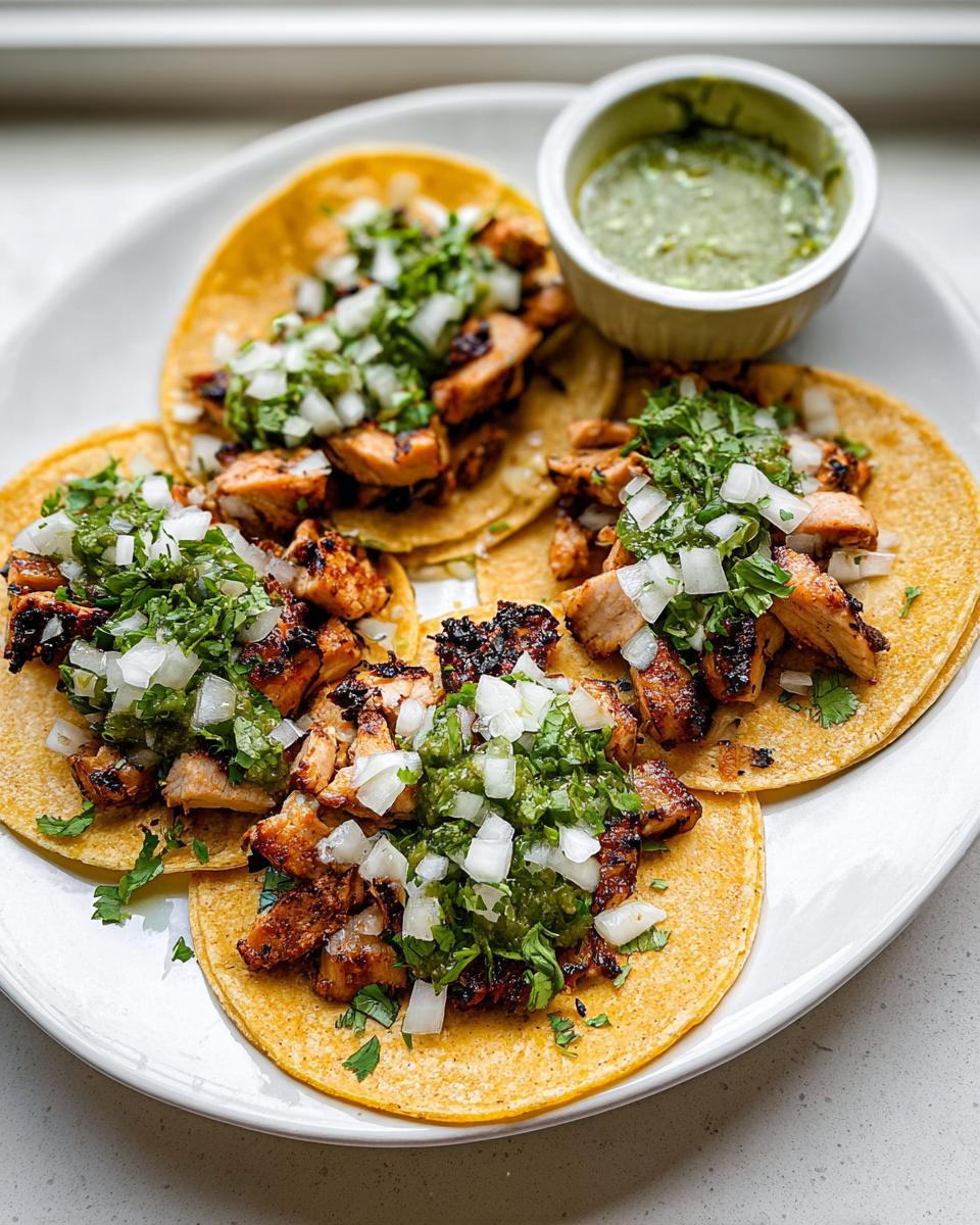 Four assembled Chicken Street Tacos Recipe on a white plate with diced onion, cilantro, and a side of green salsa.