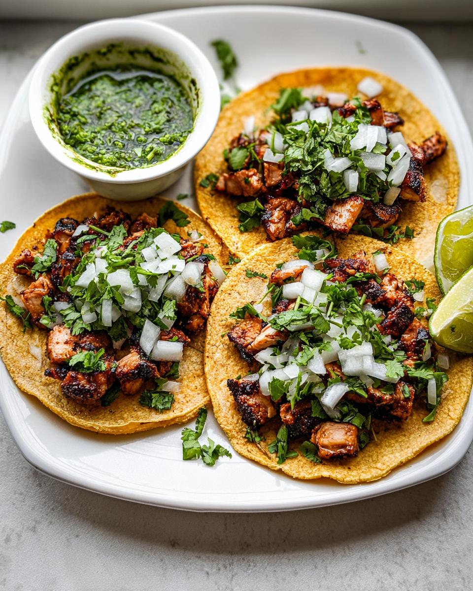 Three delicious Chicken Street Tacos topped with diced white onion and cilantro, served with salsa verde.