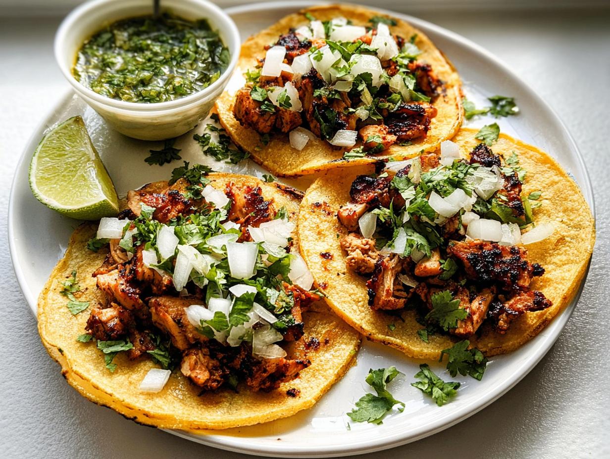 Three perfectly assembled Chicken Street Tacos topped with cilantro, onion, and served with salsa verde and lime.