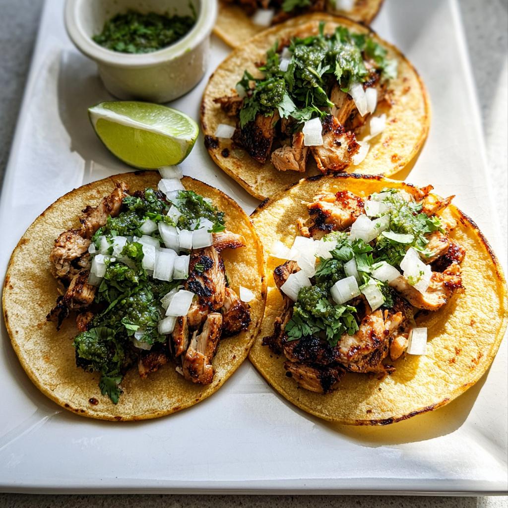 Close-up of three delicious Chicken Street Tacos topped with salsa verde, diced white onion, and cilantro.