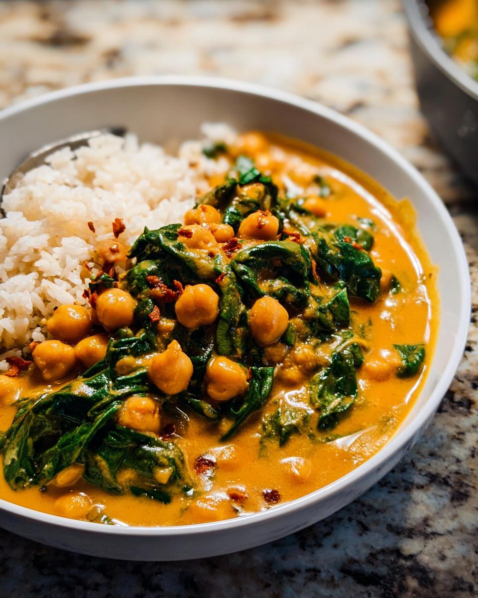 A close-up of a white bowl filled with vibrant Chickpea and Spinach Coconut Curry served alongside white rice, garnished with chili flakes.