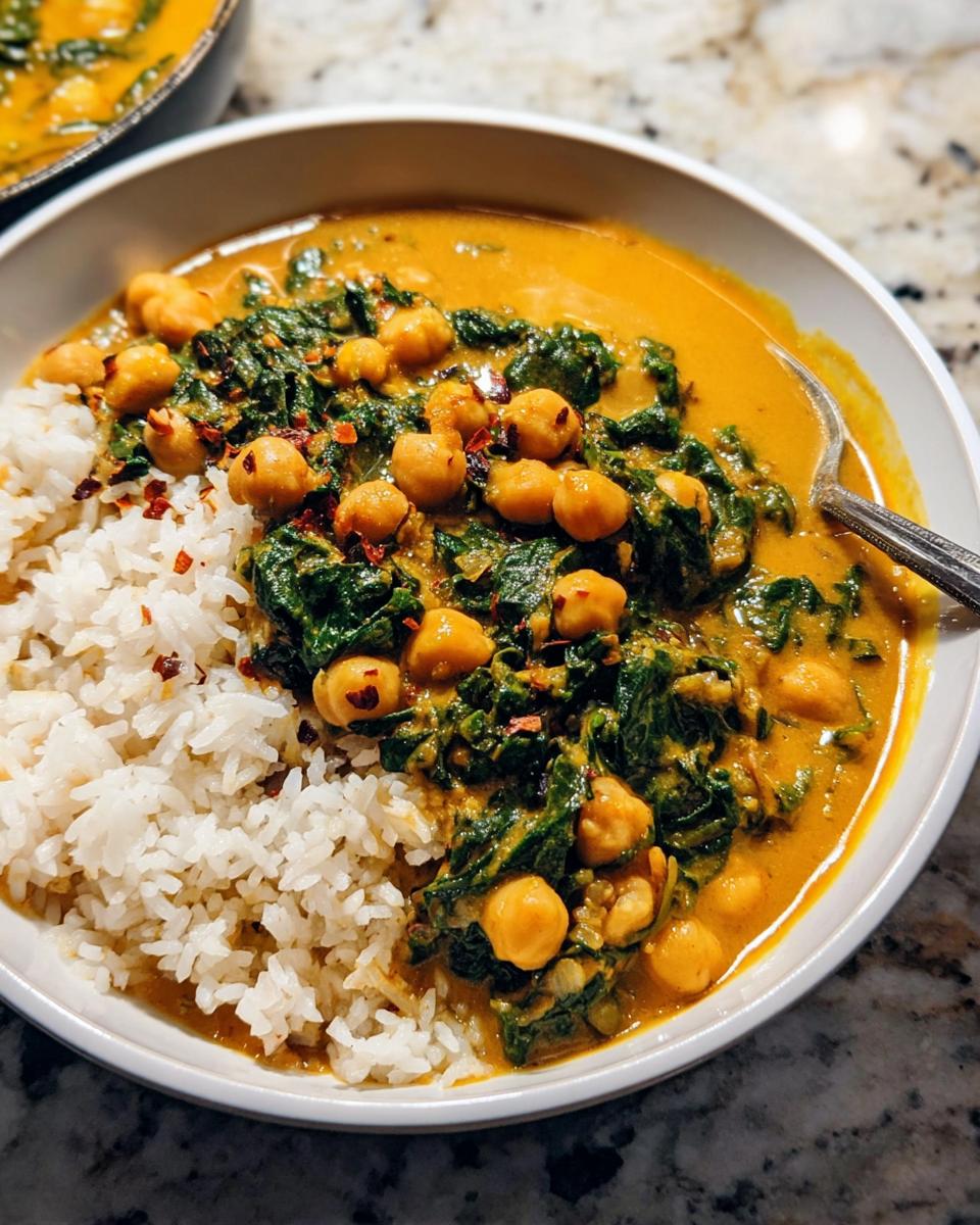 A close-up bowl featuring Chickpea and Spinach Coconut Curry served next to white rice, garnished with chili flakes.