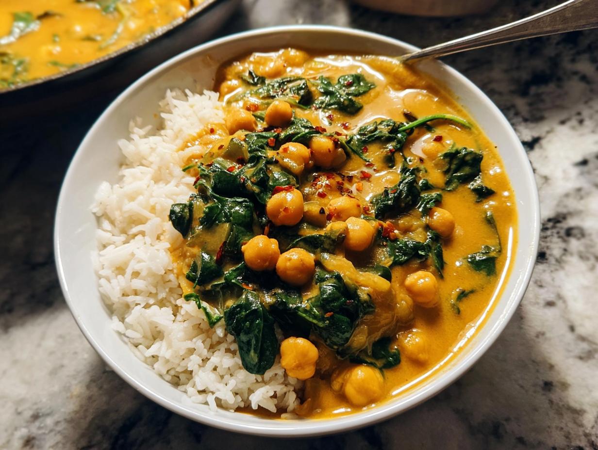 A white bowl filled with white rice topped with vibrant Chickpea and Spinach Coconut Curry, garnished with chili flakes.
