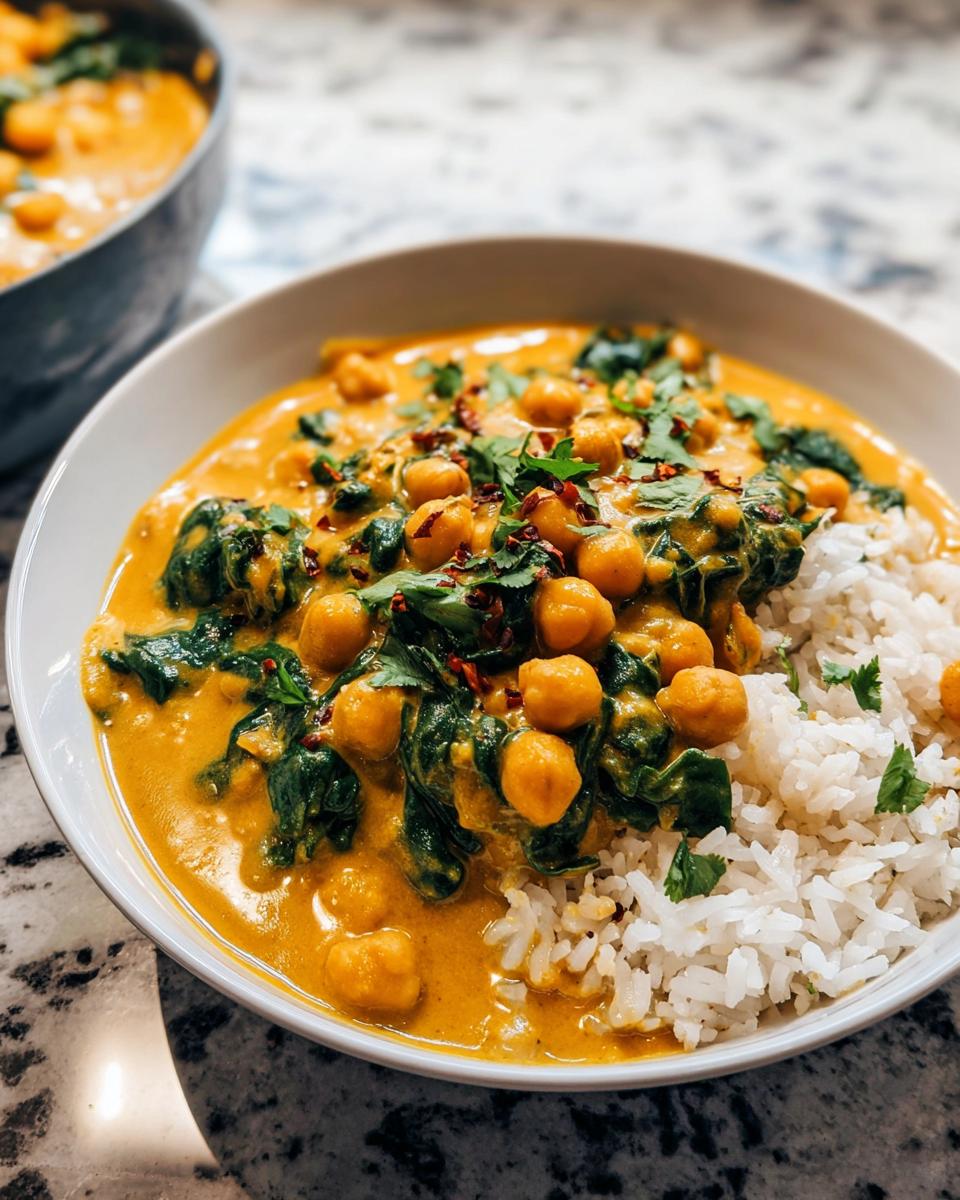 A white bowl filled with vibrant Chickpea and Spinach Coconut Curry served over fluffy white rice, garnished with cilantro.