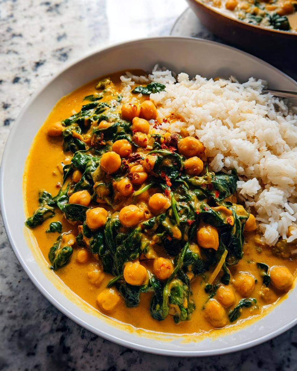 A white bowl filled with vibrant Chickpea and Spinach Coconut Curry served alongside fluffy white rice.