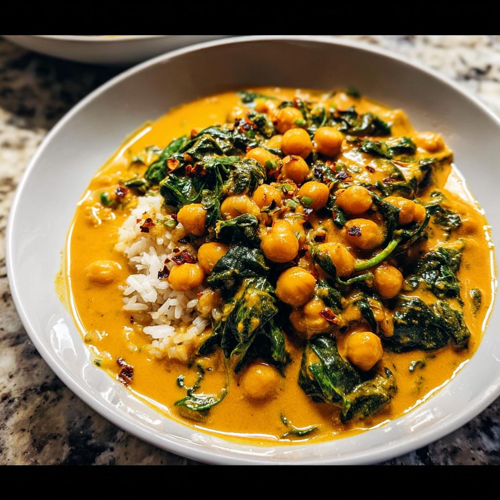 A close-up of a bowl of vibrant Chickpea and Spinach Coconut Curry served over white rice, garnished with chili flakes.