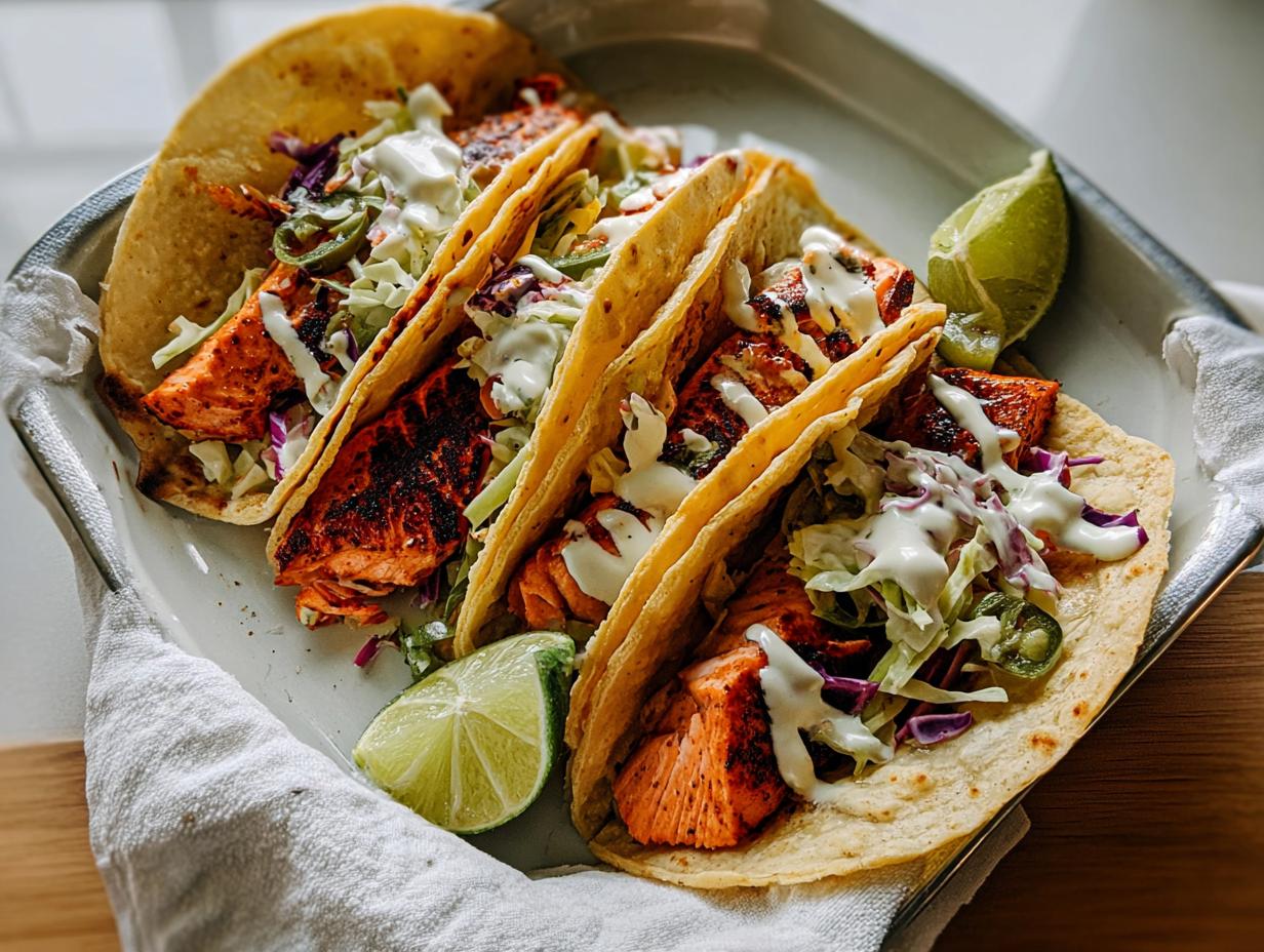 Four assembled Chili Lime Salmon Tacos filled with blackened salmon, cabbage slaw, and drizzled with white sauce, served with lime wedges.