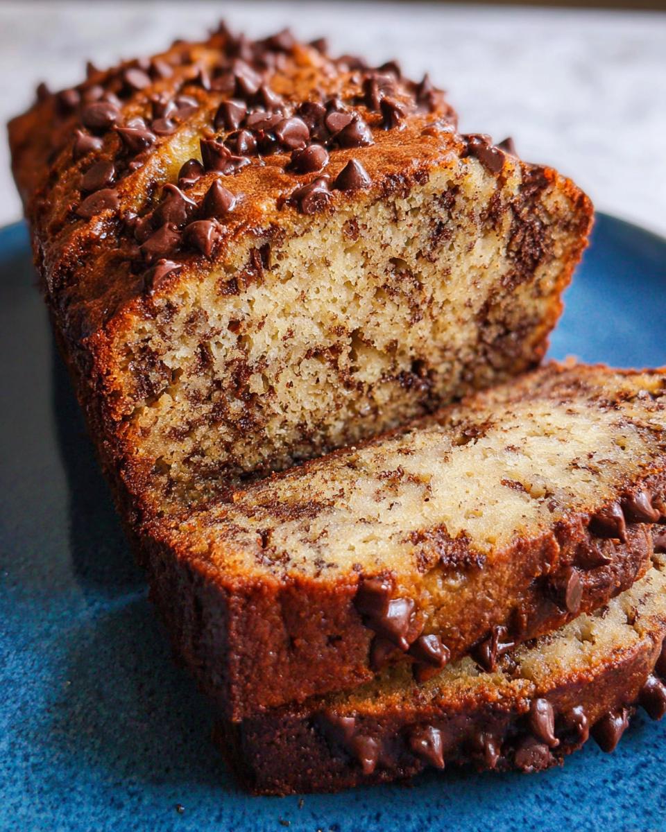 A close-up of a sliced Chocolate Chip Banana Bread Loaf, topped generously with melted chocolate chips, resting on a blue plate.