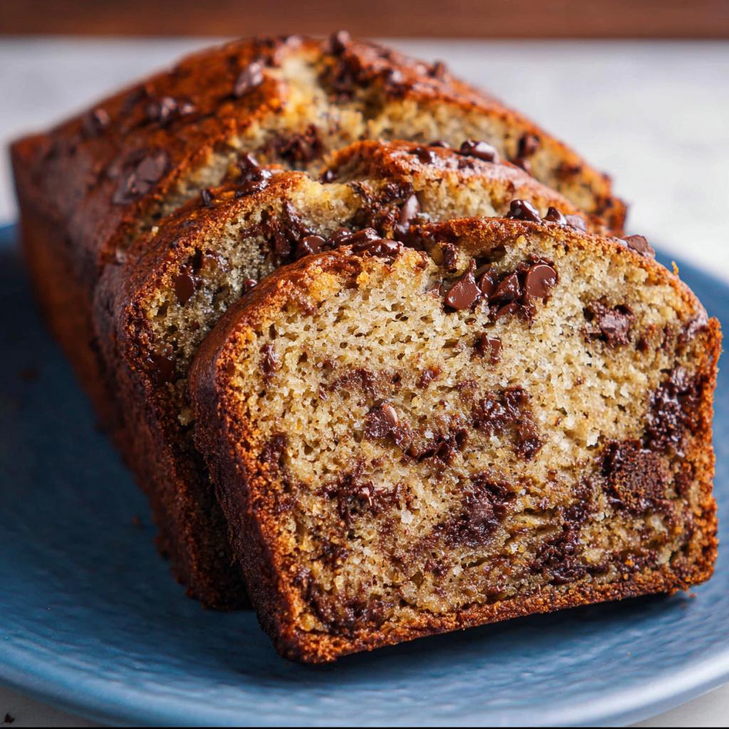 Close-up of a moist Chocolate Chip Banana Bread Loaf, sliced on a blue plate, showing rich chocolate swirls.