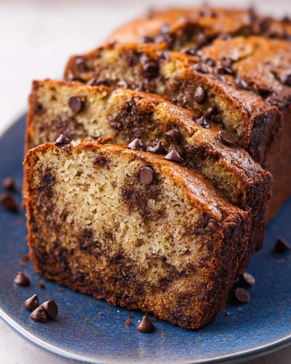 Close-up of a sliced Chocolate Chip Banana Bread Loaf showing moist texture and melted chocolate chips.