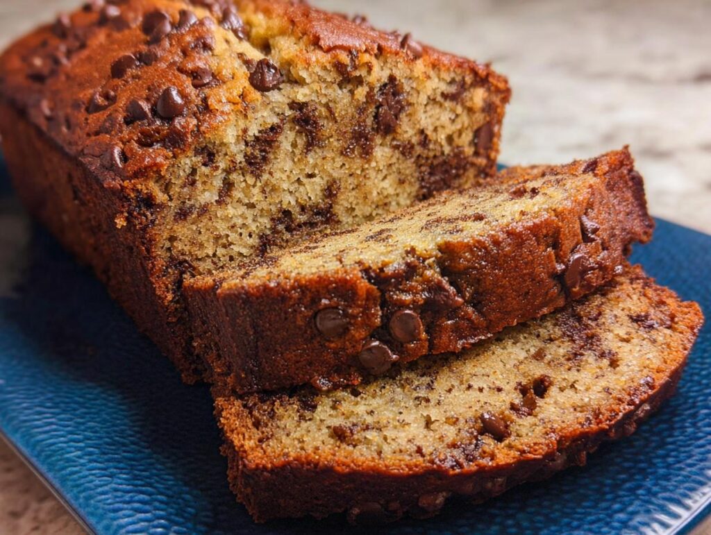 Close-up of a sliced Chocolate Chip Banana Bread Loaf showing moist texture and melted chocolate chips.