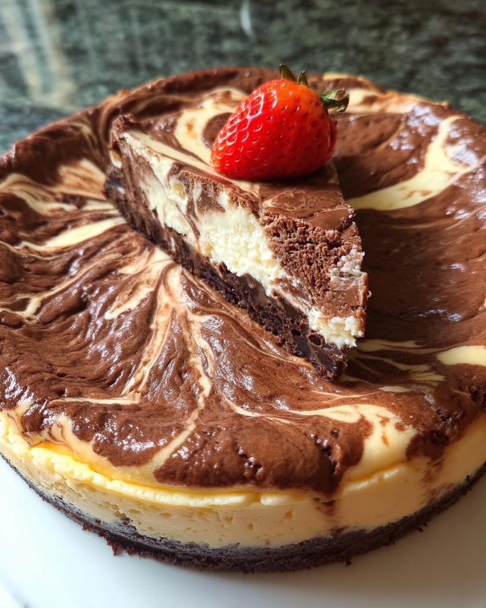 A slice of rich Chocolate Marble Cheesecake, topped with a fresh strawberry, showing the swirl pattern.