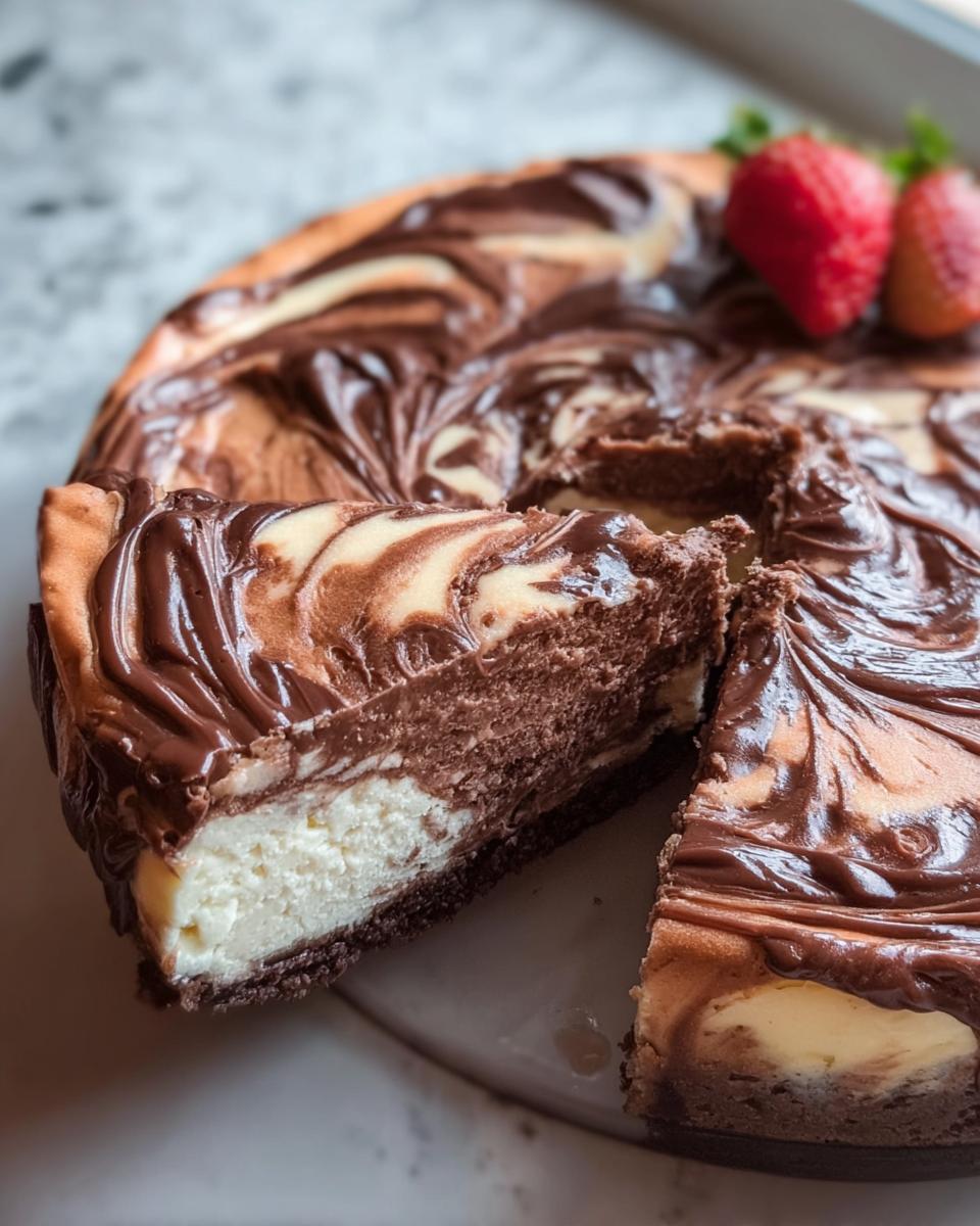 A slice cut from a rich Chocolate Marble Cheesecake showing the creamy white and dark chocolate layers, topped with a chocolate swirl.