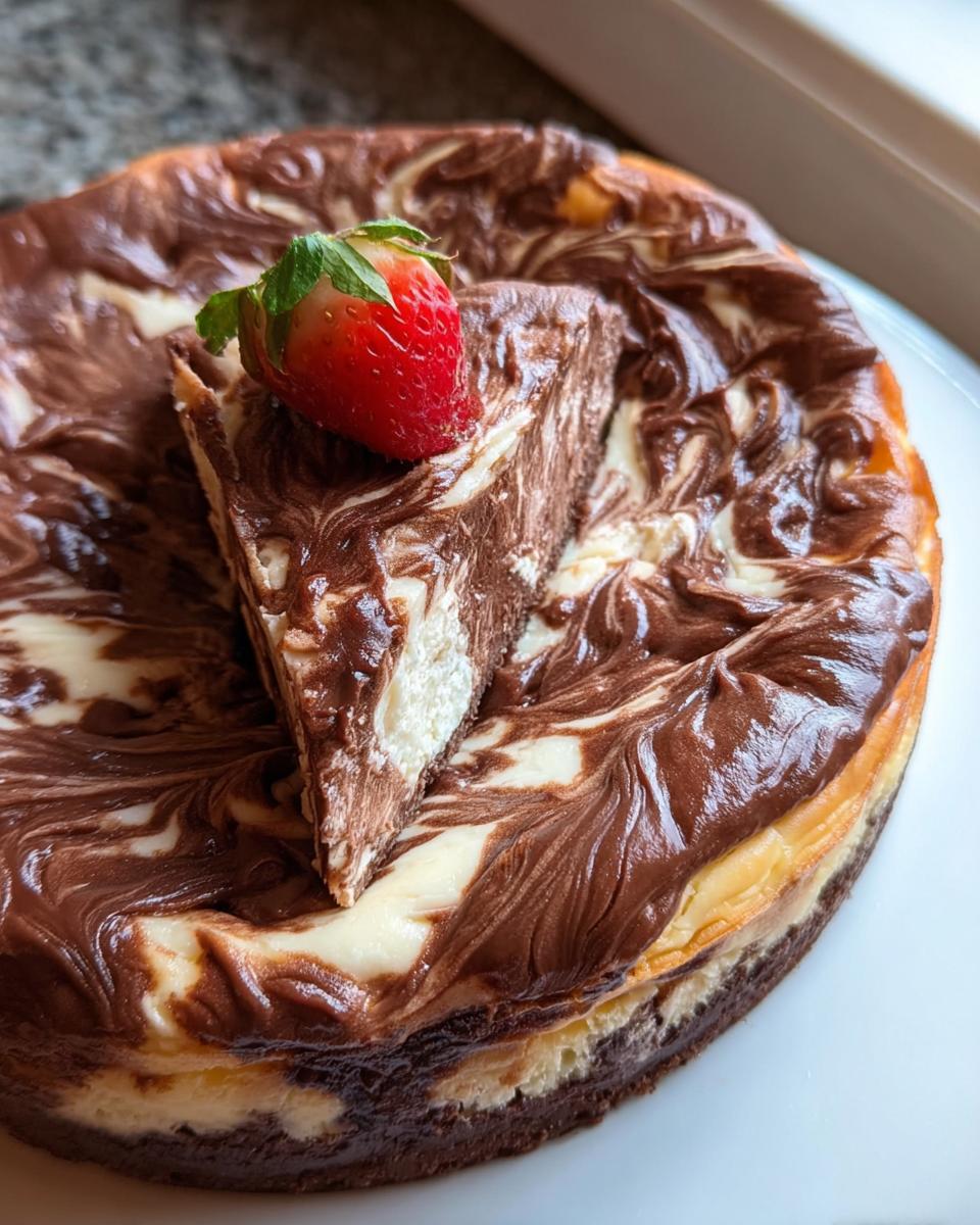 A rich Chocolate Marble Cheesecake with a slice cut out and topped with a fresh strawberry.