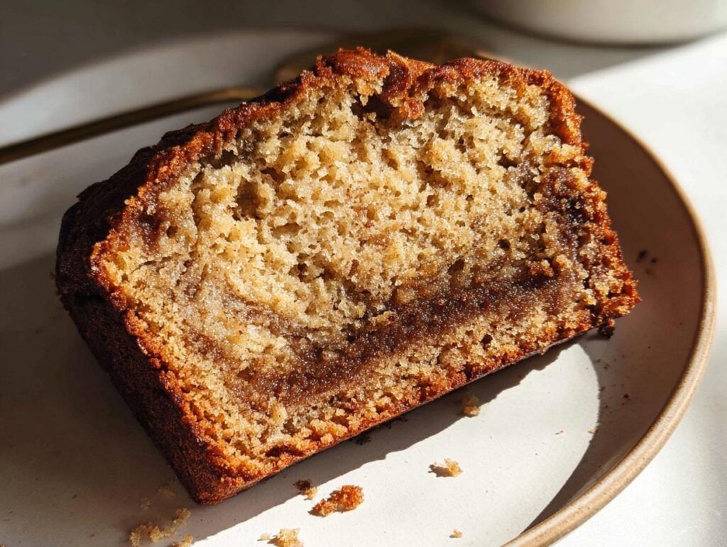 Close-up of a moist slice of Cinnamon Swirl Banana Bread showing the rich brown swirl layer.