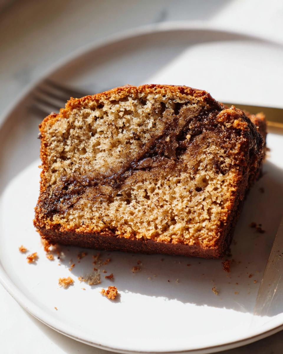 Close-up of a moist slice of Cinnamon Swirl Banana Bread showing the rich, dark cinnamon swirl pattern inside.
