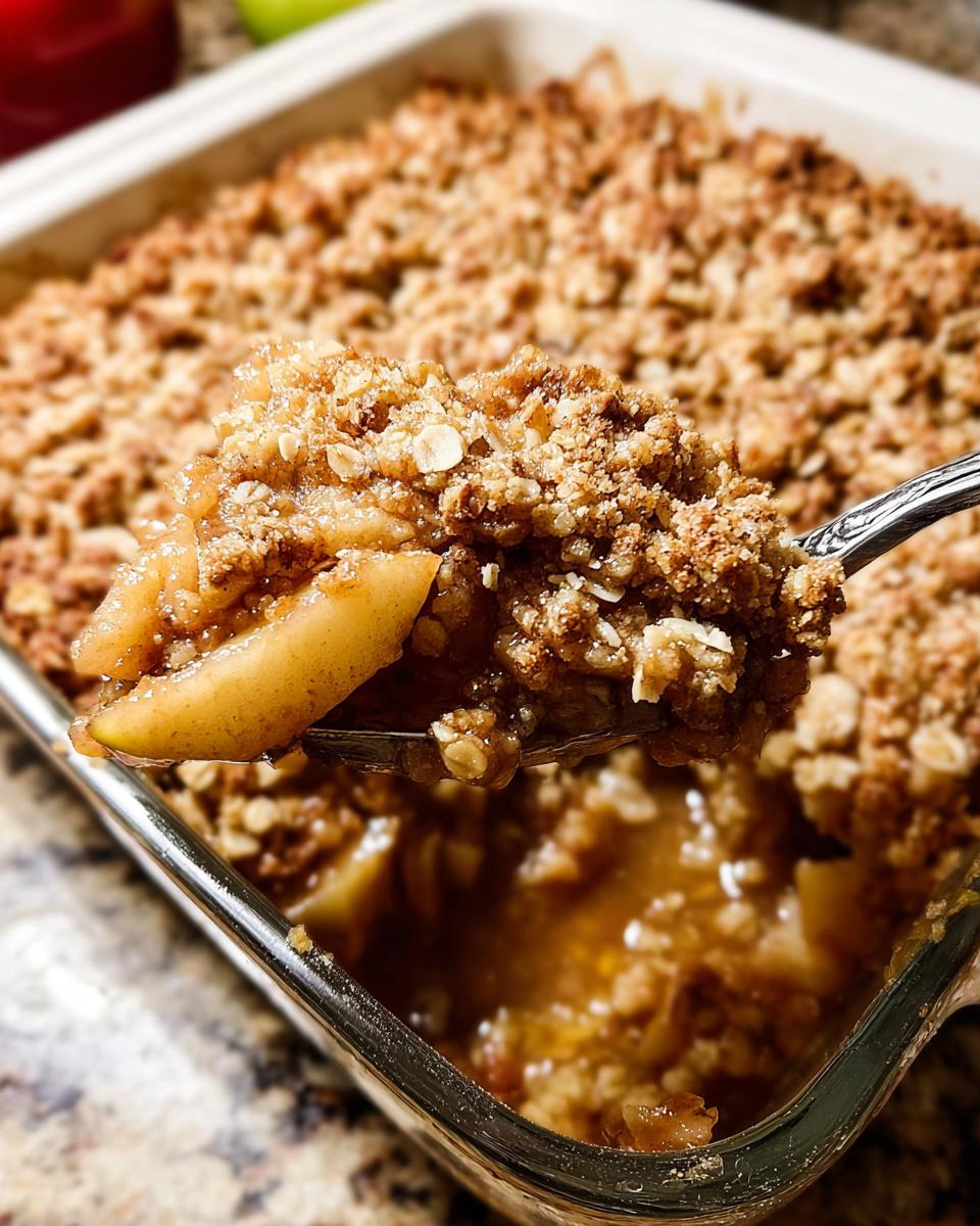 A spoonful of warm Classic Apple Crisp with Oat Crumble showing soft apples and crunchy topping.