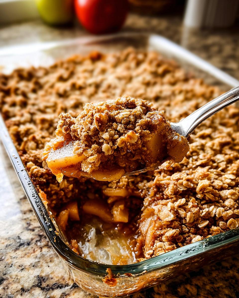 A spoonful of warm Classic Apple Crisp with Oat Crumble being lifted from a glass baking dish.