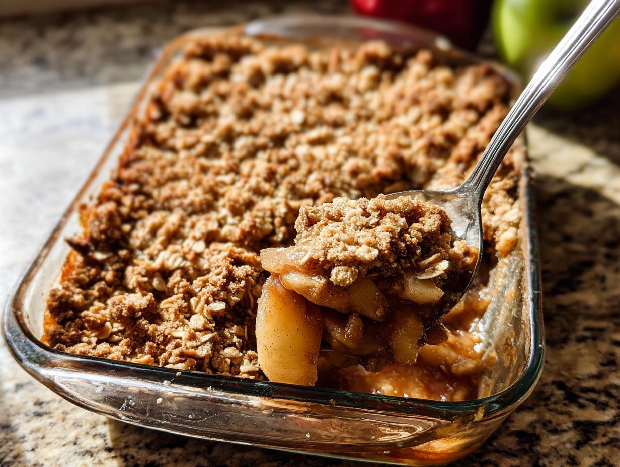 A spoonful of warm Classic Apple Crisp with Oat Crumble being lifted from a glass baking dish.