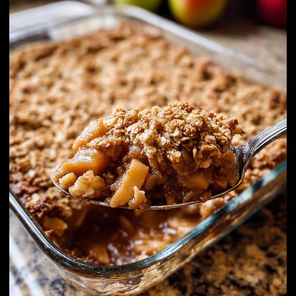 A spoonful of warm Classic Apple Crisp with Oat Crumble, showing tender apples and crunchy topping.