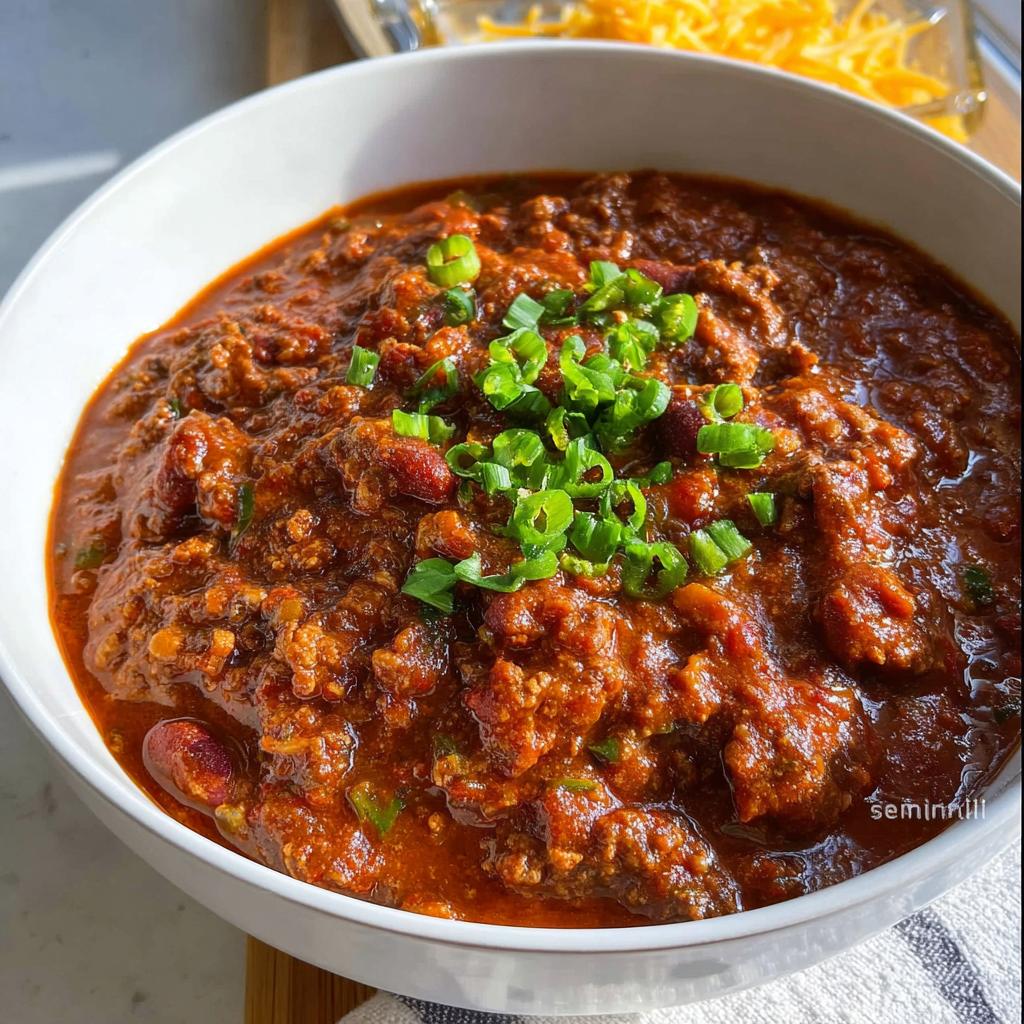 Close-up of a white bowl filled with rich Classic Beef and Bean Chili, topped with fresh green onions.