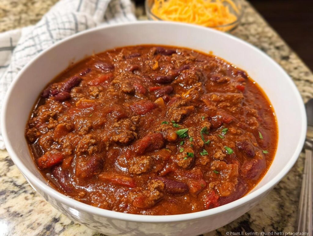 A close-up of a white bowl filled with rich, thick Classic Beef and Bean Chili garnished with parsley.