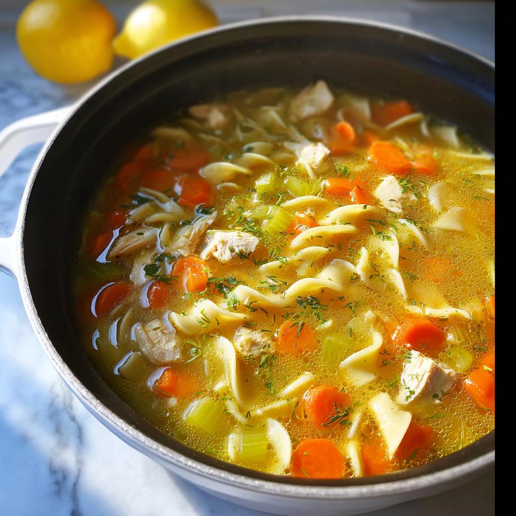 Close-up of Classic Homestyle Chicken Noodle Soup simmering in a white Dutch oven, featuring broth, noodles, chicken, and carrots.