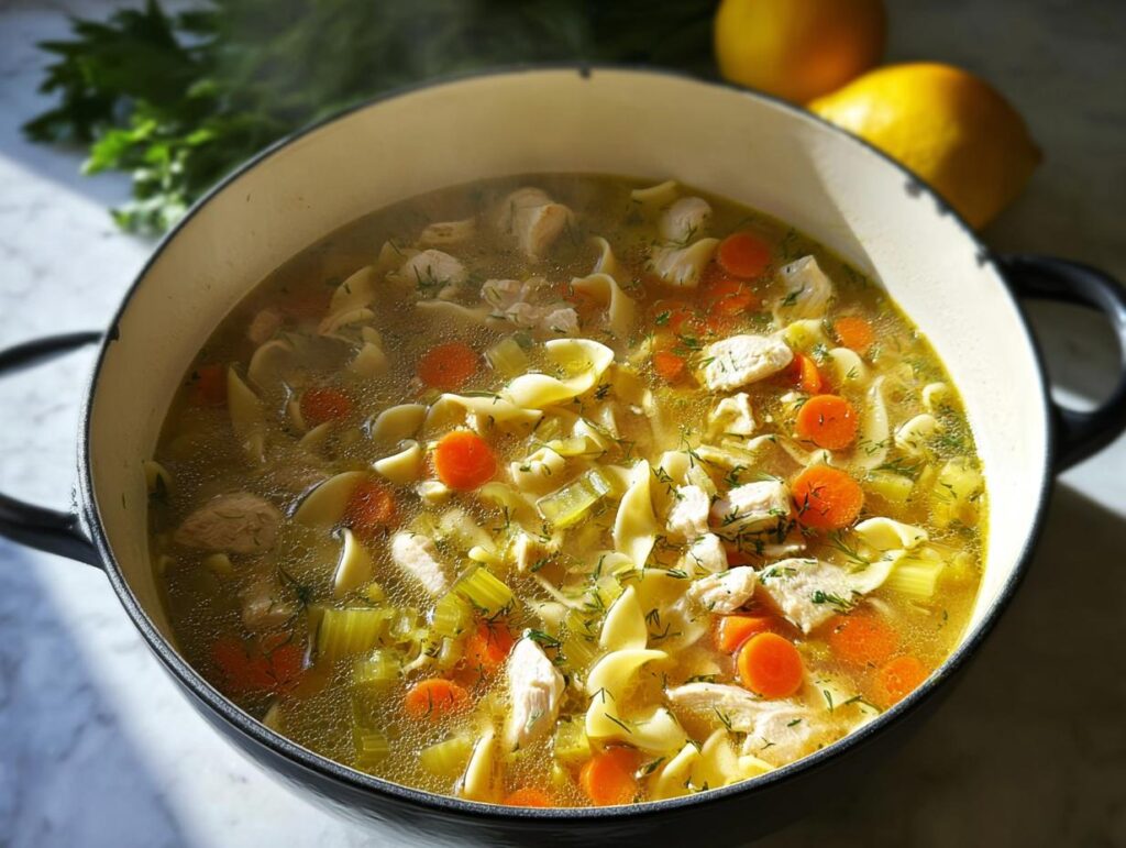 Close-up of steaming Classic Homestyle Chicken Noodle Soup filled with broth, egg noodles, carrots, celery, and chicken pieces.