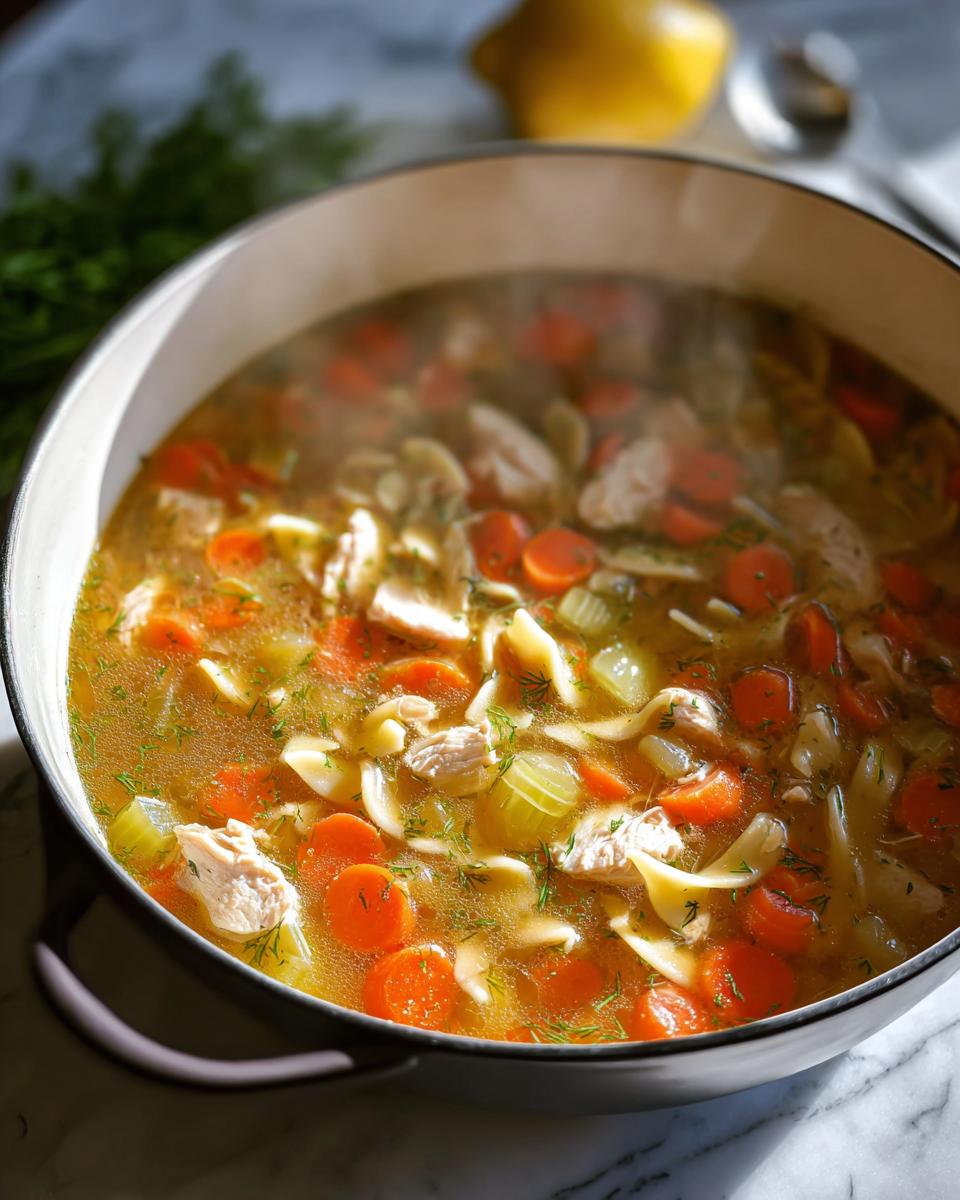 A close-up view of steaming Classic Homestyle Chicken Noodle Soup filled with carrots, celery, noodles, and shredded chicken in a Dutch oven.
