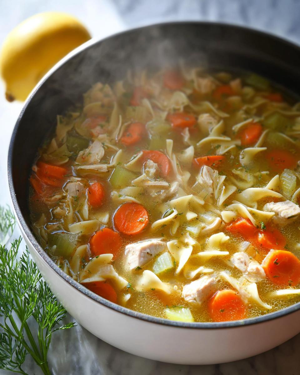 Close-up of steaming Classic Homestyle Chicken Noodle Soup filled with carrots, celery, and egg noodles in a white pot.