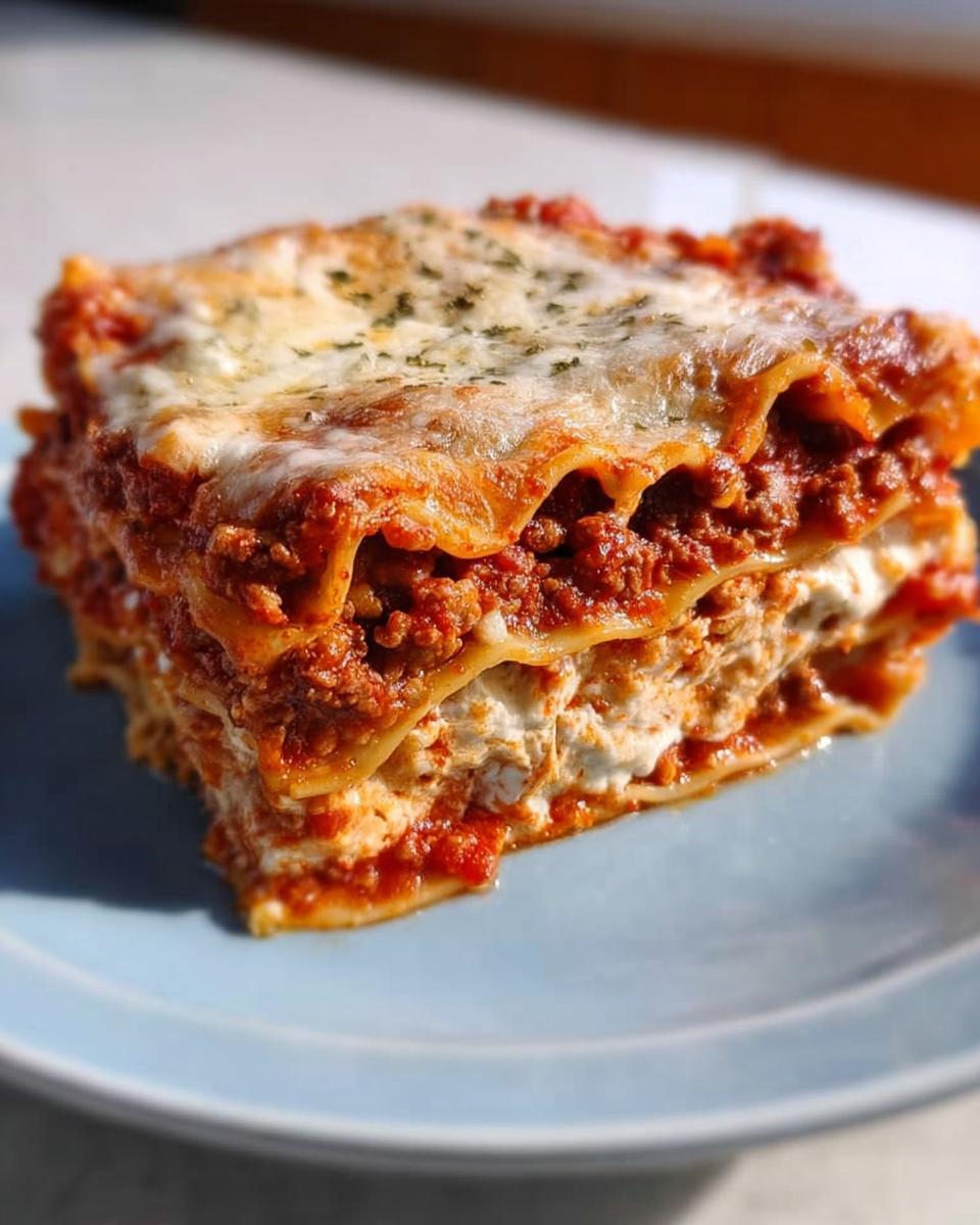 A perfectly layered slice of Classic Meat and Cheese Baked Lasagna with rich meat sauce and creamy cheese filling.