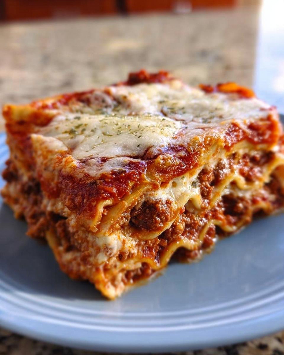 A thick, cheesy slice of Classic Meat and Cheese Baked Lasagna showing layers of pasta, meat sauce, and melted mozzarella.