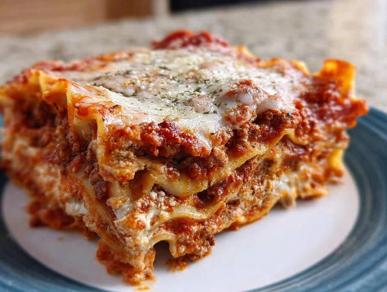 Close-up of a thick, layered slice of Classic Meat and Cheese Baked Lasagna with melted cheese topping.