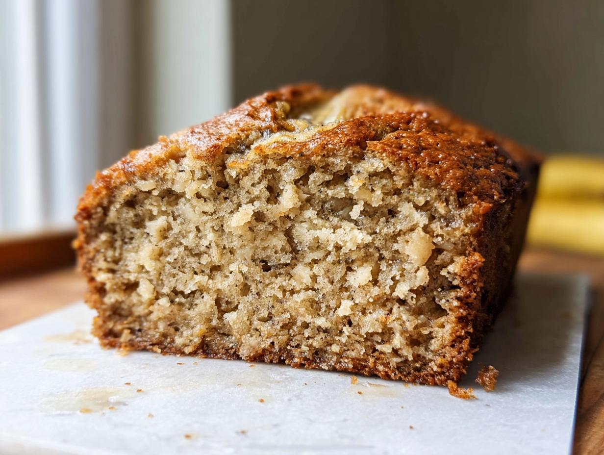 Close-up of the interior crumb texture of Classic Moist Banana Bread, showing a rich, golden-brown crust.