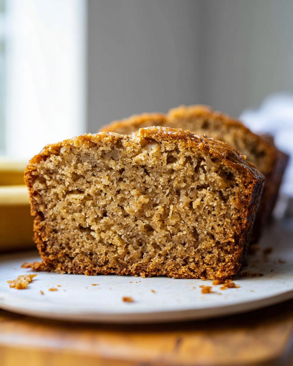 A close-up, cross-section view showing the moist, dense crumb texture of Classic Moist Banana Bread.